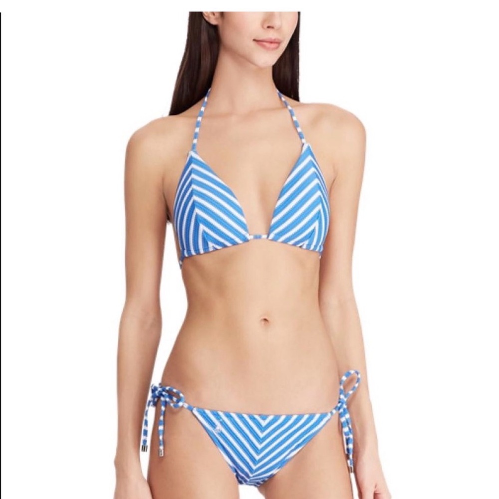 Polo Ralph Lauren Nautical Blue Chevron Textured Halter Bikini Top Sz L